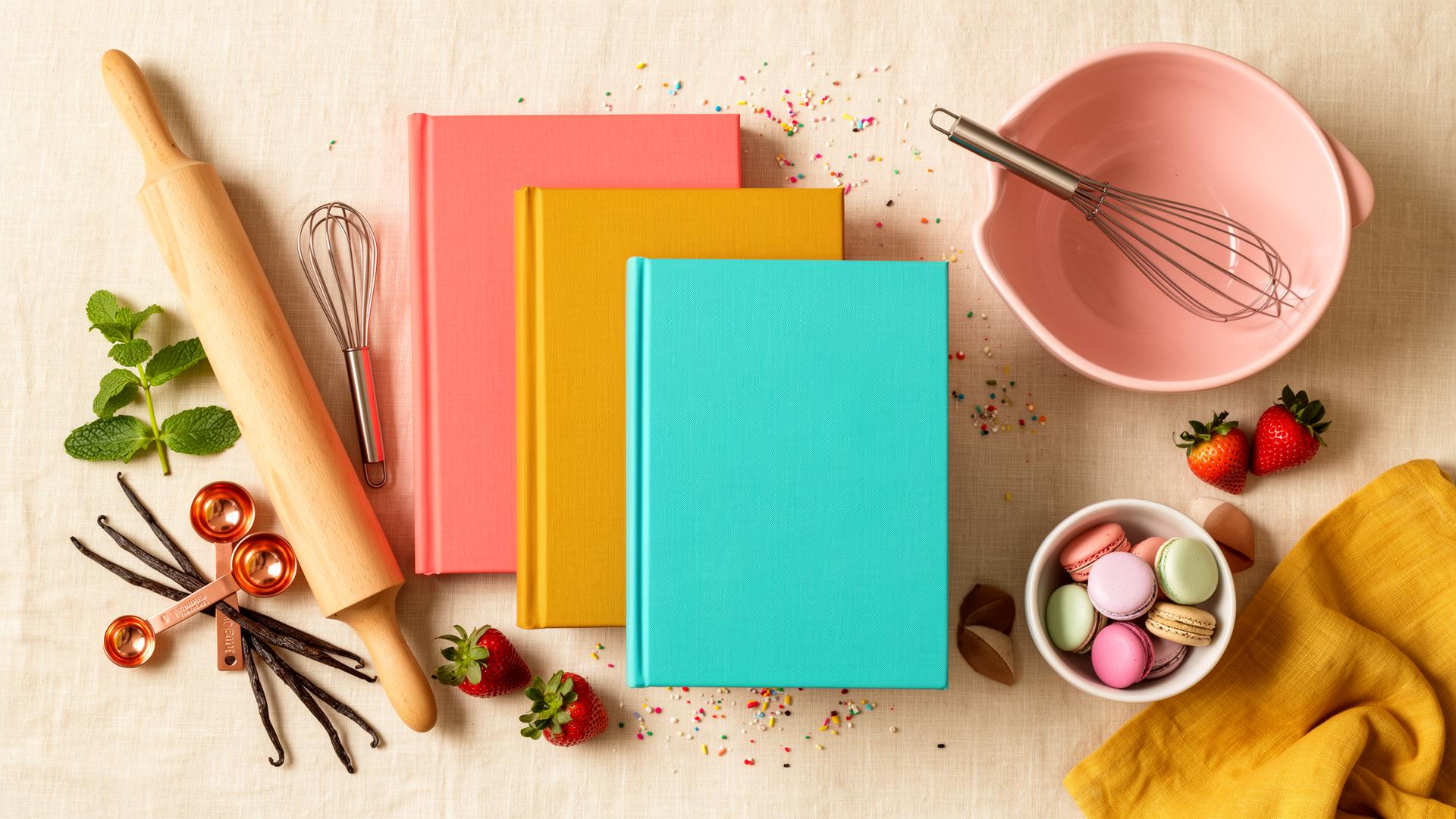 Libro de recetas abierto rodeado de cupcakes coloridos y fresas